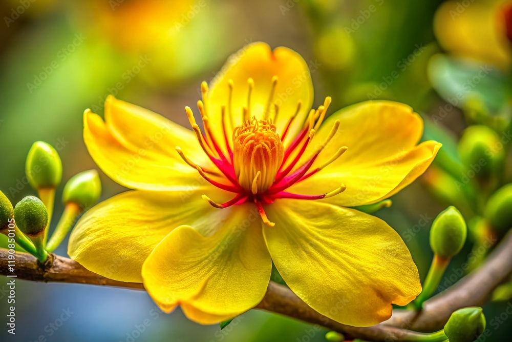Macro Photography: Single Yellow Ochna Integerrima Blossom - Vietnamese Heritage Flower Macro Photography: Single Yellow Ochna Integerrima Blossom - Vietnamese Heritage Flower