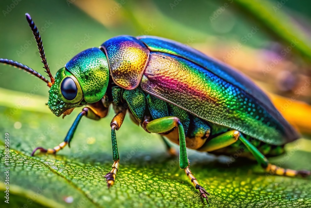 Naklejka premium Macro Photography: Vibrant Brush Jewel Beetle Close-Up - Stunning Insect Detail