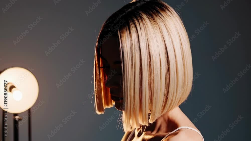 Ombre bob short hairstyle. Beautiful hair coloring woman. Trendy haircuts. Blond model