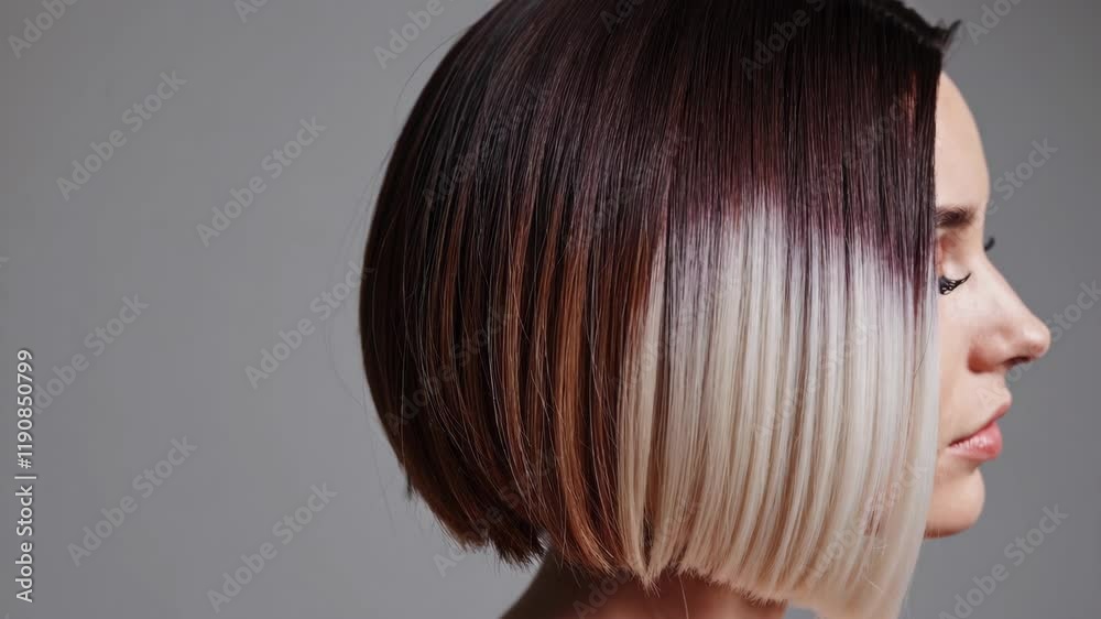 Ombre bob short hairstyle. Beautiful hair coloring woman. Trendy haircuts. Blond model