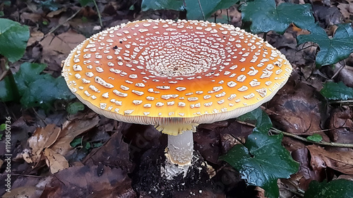 stunning close-up of orange mushroom in its natural forest habitat featuring amanita muscaria variant with yellow cap and autumn leaves