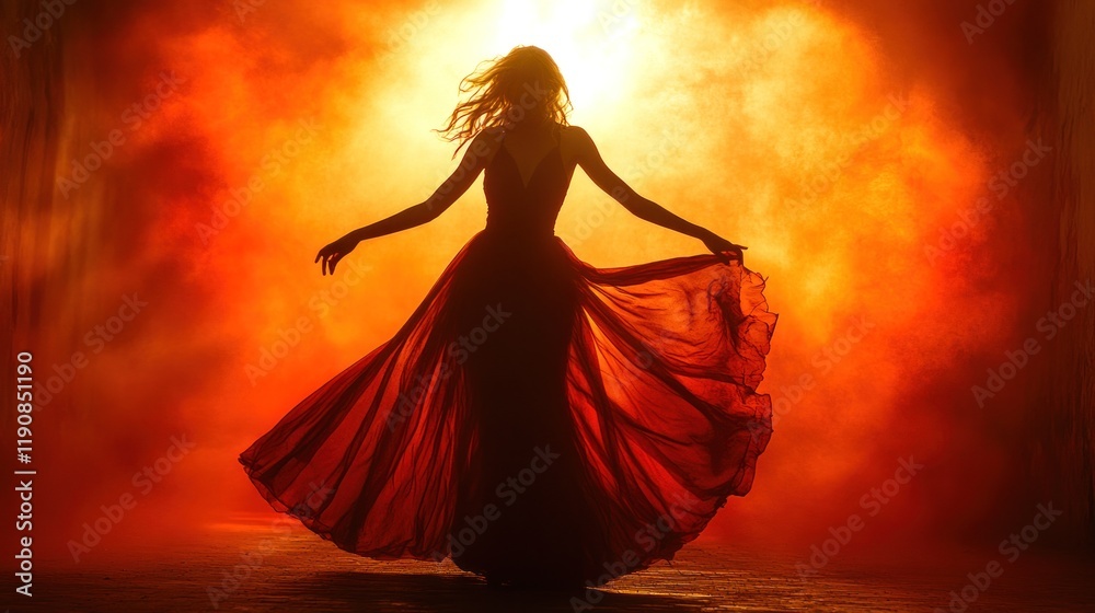 Woman in red dress, backlit by fiery orange smoke. Woman in red dress, backlit by fiery orange smoke.