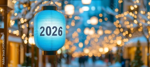 Glowing Blue Lantern with 2026 for New Year s Eve Celebration in a Blurred, Festive City Street photo