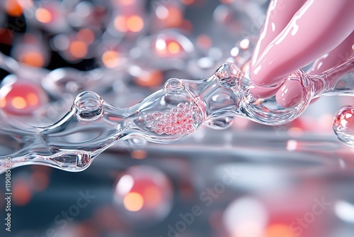 A hand delicately interacts with translucent bubbles in a colorful fluid, showcasing a fascinating play of light and reflection as bubbles gently rise and merge