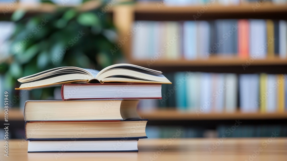 A stack of books with an open book on top, set against a blurred library background. A stack of books with an open book on top, set against a blurred library background.