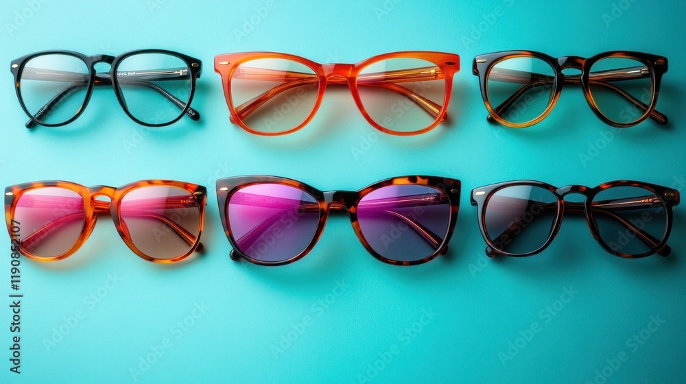 Six stylish eyeglasses and sunglasses on blue background.