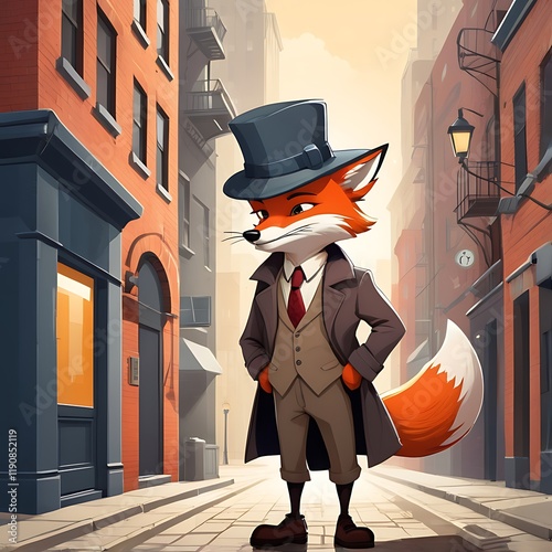 A dapper fox detective stands on a city street photo