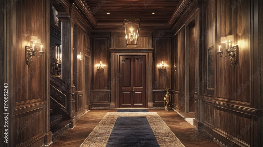 A luxury rustic hallway with wooden paneling, antique bronze sconces, and a plush velvet runner leading toward a grand wooden door A luxury rustic hallway with wooden paneling, antique bronze sconces, and a plush velvet runner leading toward a grand wooden door