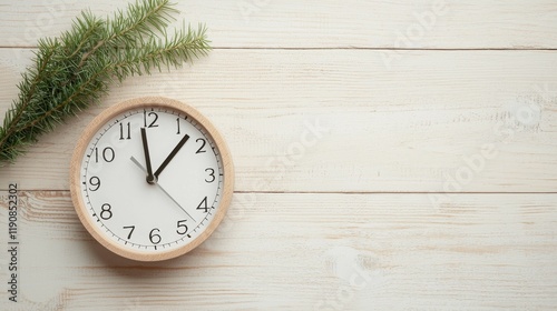 Wallpaper Mural A wooden clock on a light wooden surface with a sprig of evergreen beside it. Torontodigital.ca
