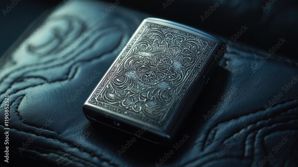 A luxury silver lighter with an intricate design, placed on a sleek black leather surface, symbolizing high-end sophistication A luxury silver lighter with an intricate design, placed on a sleek black leather surface, symbolizing high-end sophistication