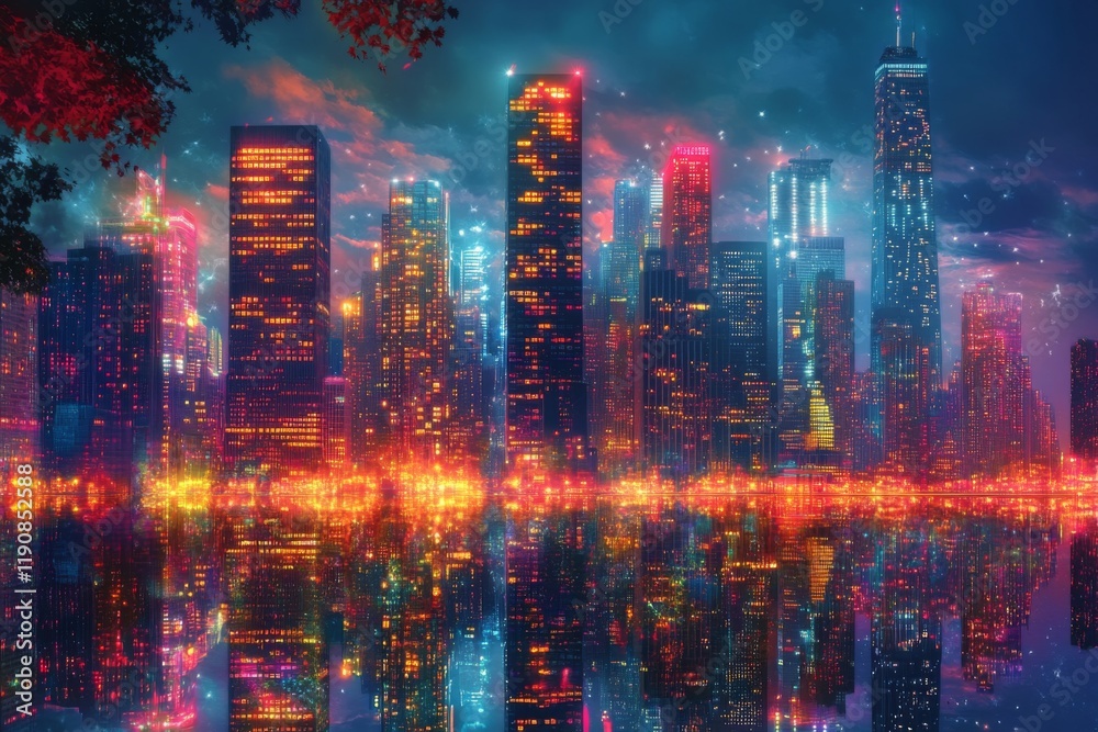 Fototapeta premium Bright modern urban skyline reflecting on still water under a colorful night sky with vibrant lights illuminating the scene and showcasing the beauty of city life