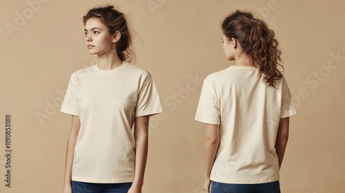 Woman in cream t-shirt, front and back view.
