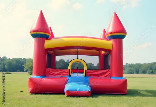Vector cartoon illustration of bouncy castle on playground. inflatable games for childrens in the park
