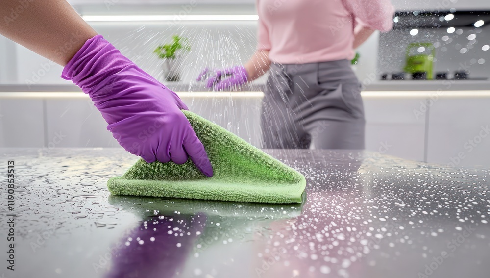 A purple-gloved hand wiping a metallic silver countertop with a green microfiber cloth