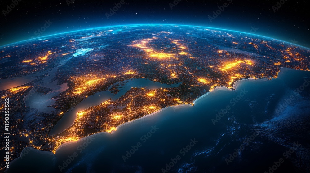 Fototapeta premium Satellite view of Earth highlighting illuminated urban areas and coastlines at night showcasing the vibrant interplay of natural and artificial light