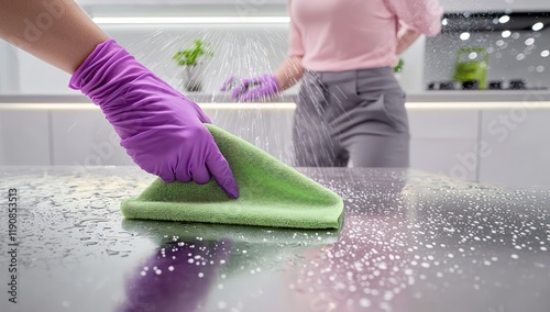 Obraz na płótnie A purple-gloved hand wiping a metallic silver countertop with a green microfiber cloth w salonie