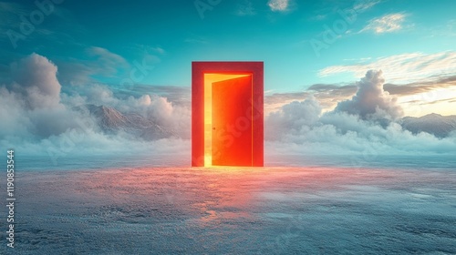 Red Doorframe in a Surreal Minimalist Landscape. Generative AI photo