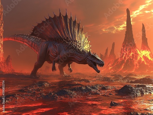 Prehistoric Creature Roaming Volcanic Landscape at Sunset photo