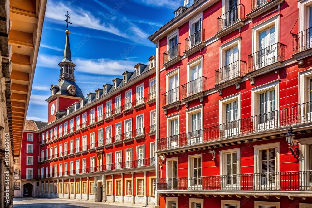 Fototapeta premium Madrid Plaza Mayor Red Facade White Shutters - Spanish Architecture Stock Photo