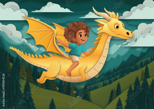 A joyful child rides a friendly dragon above a green forest in a charming paper cutout style. The dragon smiles gently, trees are playful shapes, and the vibrant sky adds a magical touch.
