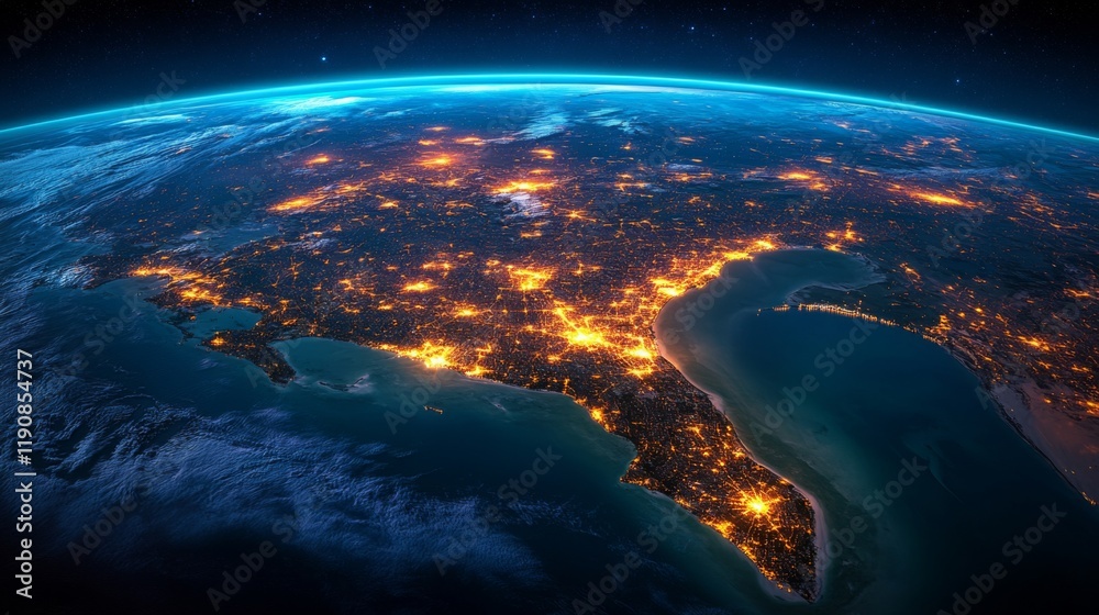 Fototapeta premium View of the southeastern United States at night from space displaying illuminated cities and natural features across the landscape showcasing the effects of urbanization and geography