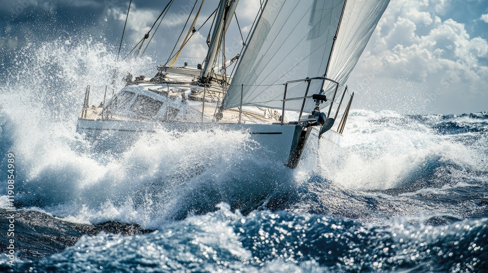 Naklejka premium A sailboat with white sails navigates through rough ocean waves under a dark