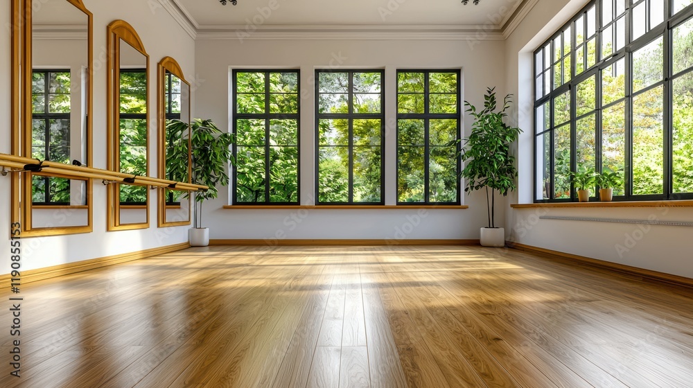 Fototapeta premium Sunlit Dance Studio with Wooden Floors and Large Windows
