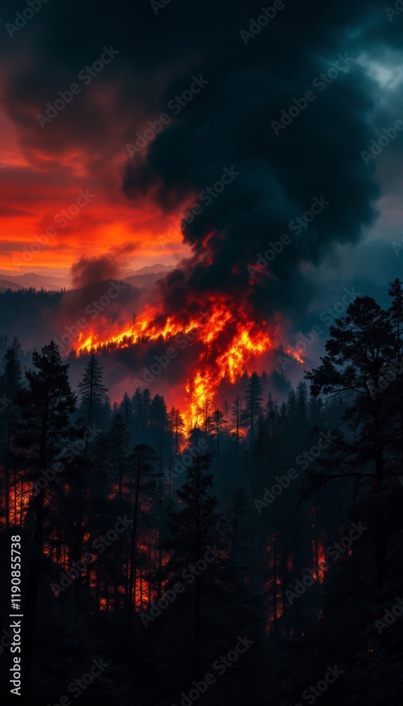 A fiery wildfire burns intensely across a forest under a dark smoke filled sky A fiery wildfire burns intensely across a forest under a dark smoke filled sky