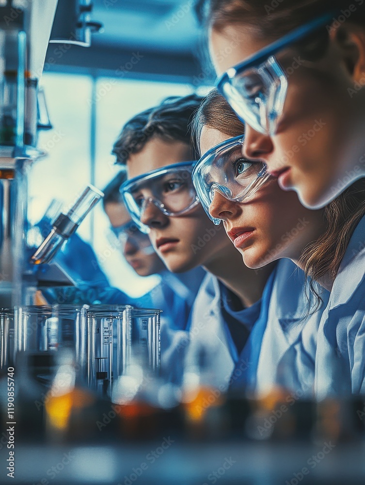 Fototapeta premium Curious students in lab coats and safety goggles closely watching the chemicals and equipment being used to conduct an experiment by the chemistry teacher in a science laboratory