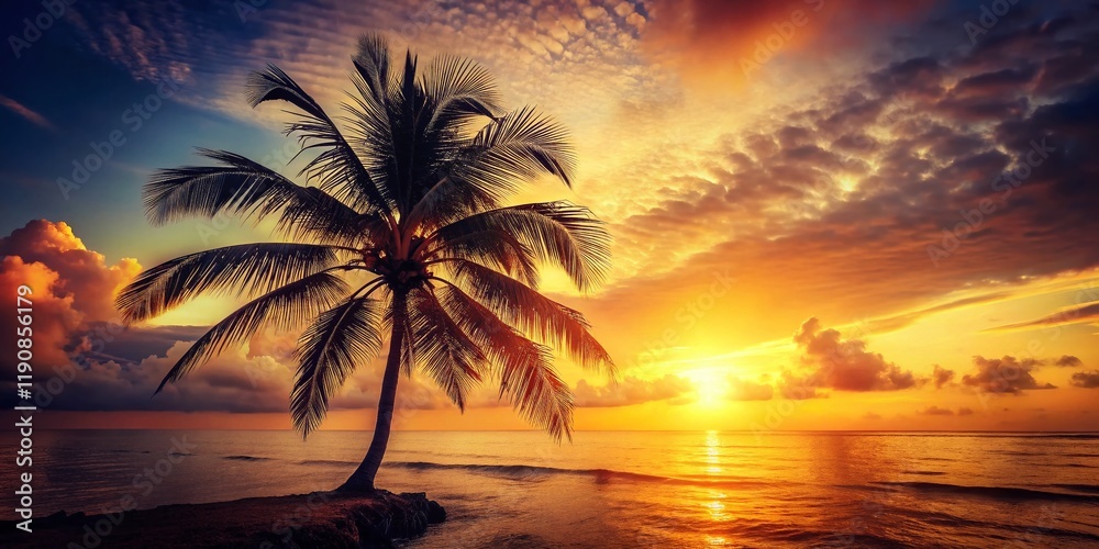 Obraz premium Vintage Palm Tree Sunset: Golden Hour Beach Scene