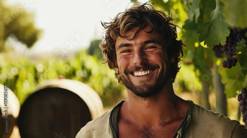 Smiling Winemaker in Vineyard with Grapes and Barrels