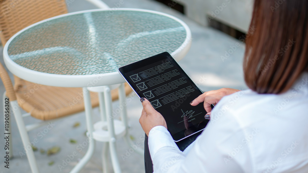 Women holding tablet, showing Audit Document concept,quality assessment management With a checklist, business document evaluation process, market data report analysis and consulting.