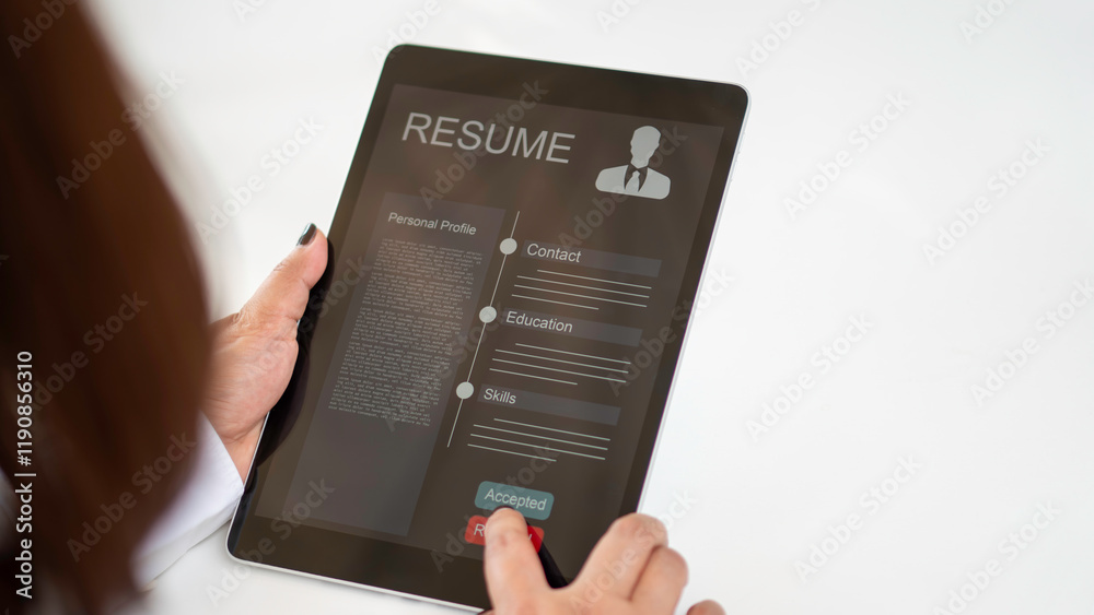 Human resources management concept, Business and technology Fill out an online employee assessment form. Human resource management, HR, recruitment, leadership and teambuilding.