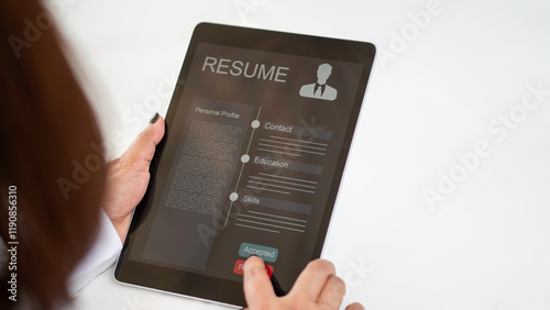 Obraz na płótnie Human resources management concept, Business and technology Fill out an online employee assessment form. Human resource management, HR, recruitment, leadership and teambuilding. w salonie