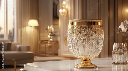 An elegant glass vase with intricate golden detailing, placed on a white marble countertop, surrounded by soft lighting for a luxurious look.
