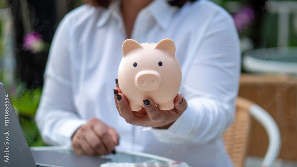 businesswoman hand holding piggy bank concepts of saving money and financial planning. income, return, retirement, compensation fund, investment, dividend tax, stock market