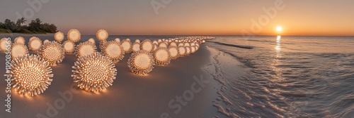 Glowing Spheres Illuminating a Peaceful Beach during a Breathtaking Sunset