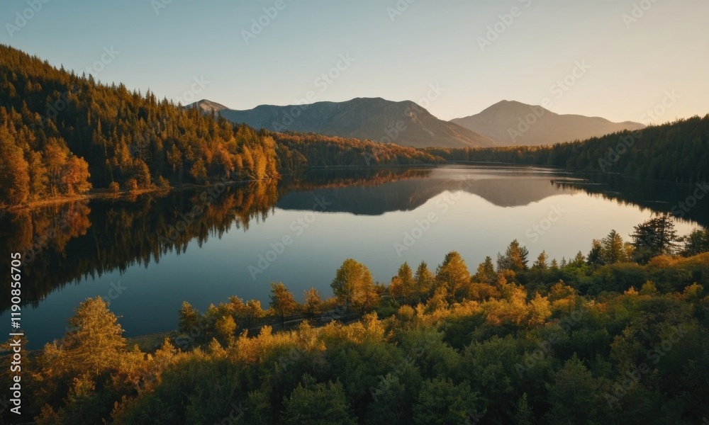 tranquil scene of a mountain lake at sunset. tranquil scene of a mountain lake at sunset.