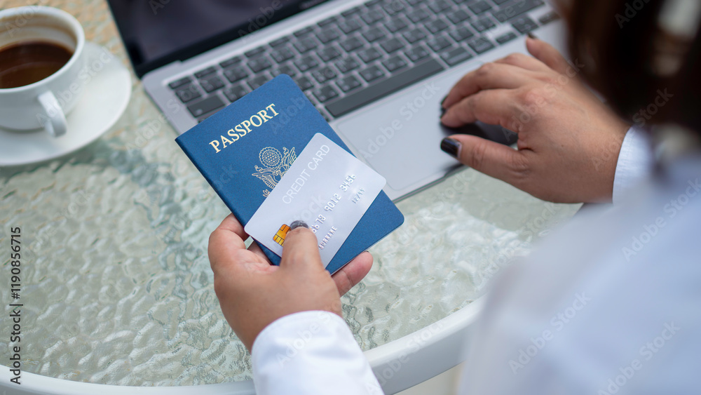 Female hand holding passport and credit card, booking tickets for vacation travel planning, hotel booking, accommodation, finance, shopping lifestyle for convenience.
