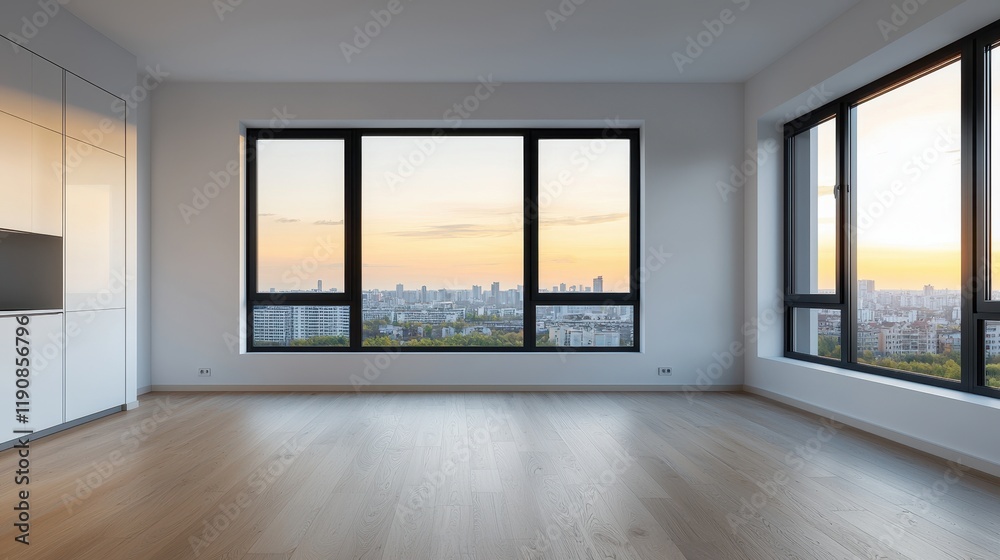 Fototapeta premium A modern, empty room with large windows showcasing a sunset view over the city skyline, highlighting contemporary architecture and design.
