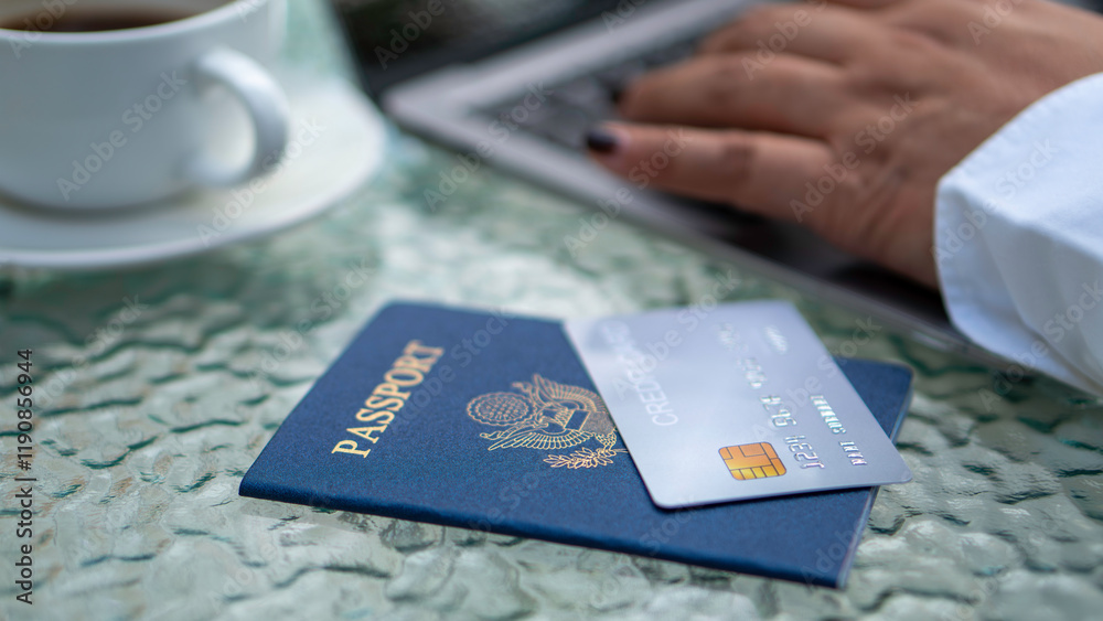 Female hand holding passport and credit card, booking tickets for vacation travel planning, hotel booking, accommodation, finance, shopping lifestyle for convenience.