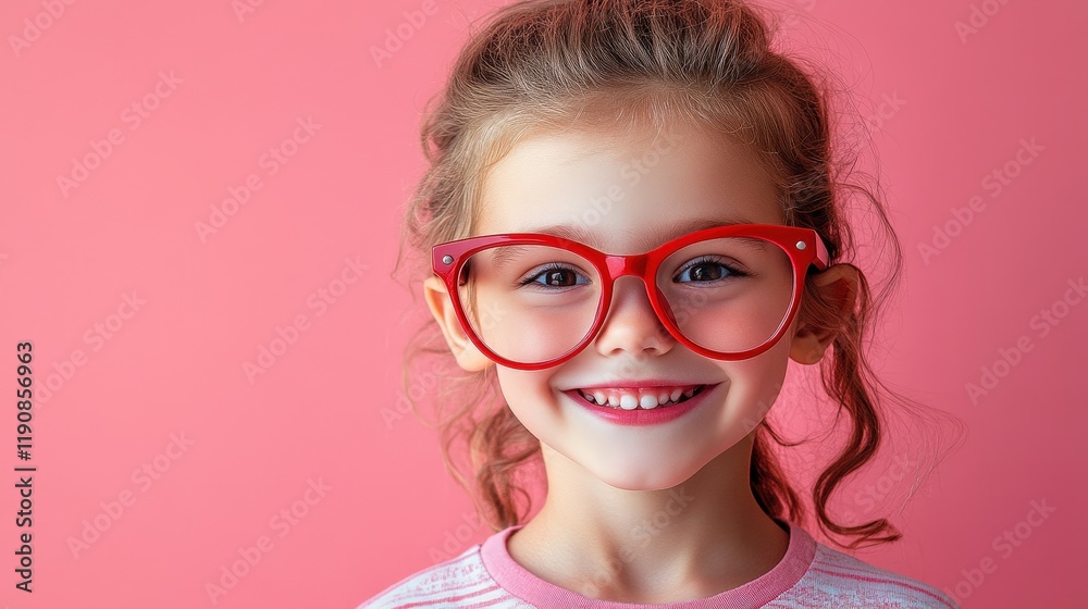 Fototapeta premium Young girl wearing glasses smiling while sitting on a couch in a cozy living room environment valentine day