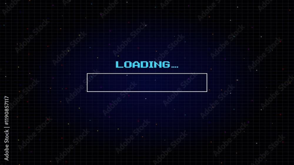 LOADING. pixel art. 8 bit game. retro game. for game assets. Retro Futurism Sci-Fi Background. glowing neon grid and star from vintage arcade computer games