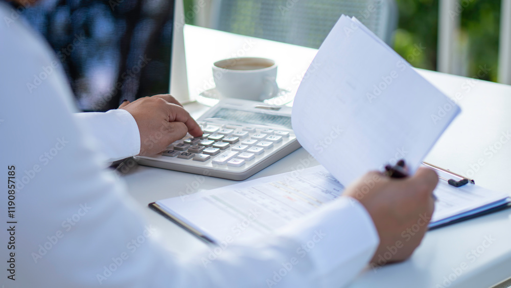 businesswoman check company finances and earnings and budget. Business woman calculating expenses, managing budget, papers, loan documents, invoices. count taxes rental tenancy sum to pay online.