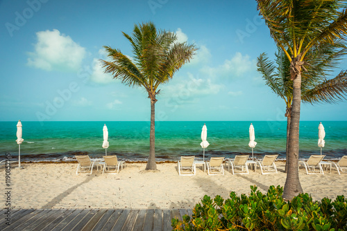 Fototapeta Naklejka Na Ścianę i Meble -  Tropical Beach in the Caribbean with white Sand, turquoise Sea, Sun Beds, Umbrellas and wooden Board Walk on a sunny Vacation Day