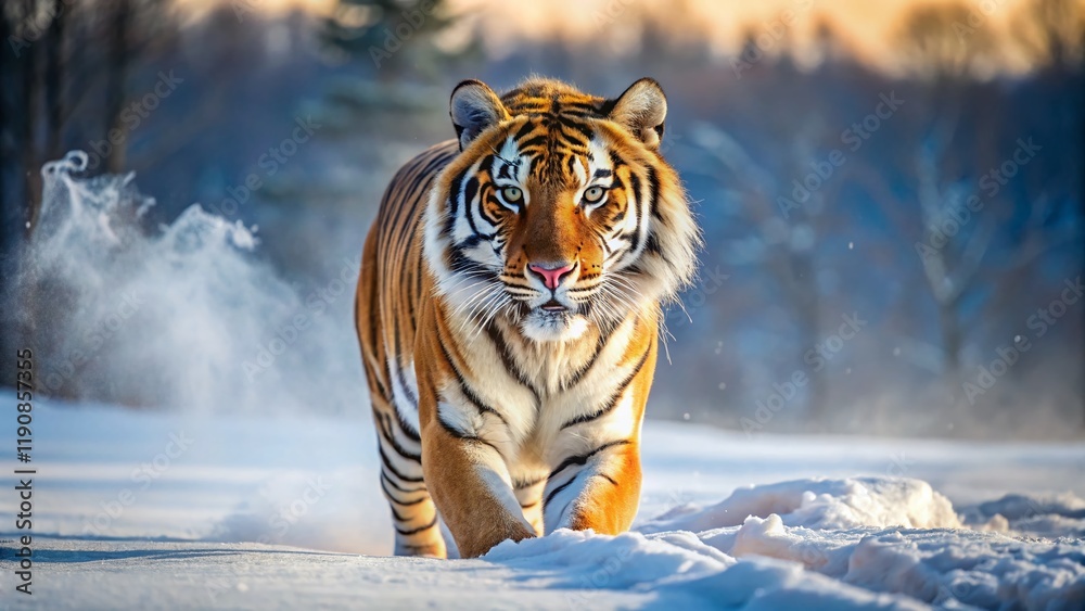 Obraz premium Majestic Bengal Tiger Prowling Through Winter Snow – Stunning Wildlife Photography