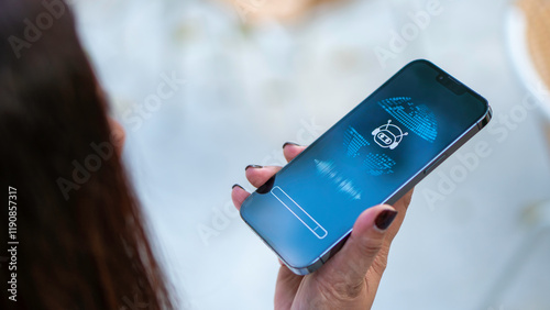 hand holding smart phone voice command with digital Artificial intelligence AI, technology smart robot AI, artificial intelligence for idea and generates.