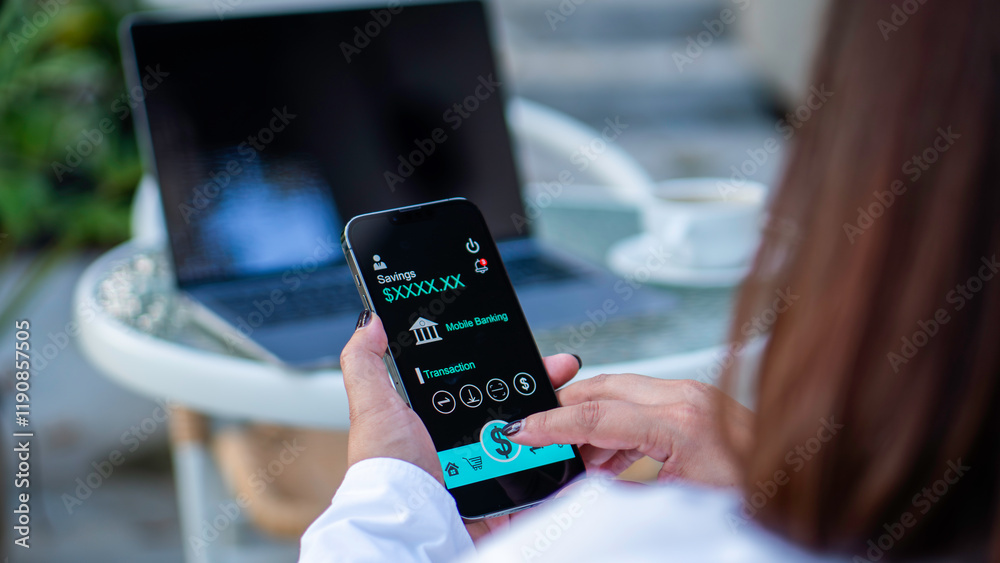 online shopping and payment via mobile banking apps. a woman accessing a mobile banking app on her smartphone, Internet bank, money transaction, fintech, Digital banking network, internet payment
