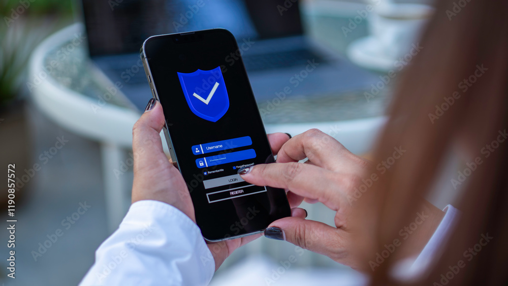 Phone password lock for mobile cyber security or login verification passcode in online bank app. phone with a password to access a smartphone, security threats online, and fraud.