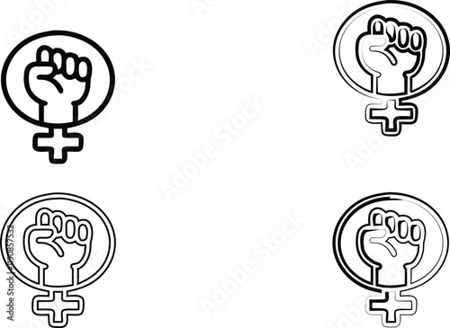 Black and white illustration, raised fists, protest symbols, solidarity icons, simple line drawings, empowerment imagery, social justice motifs, hand gestures, unity symbols, minimalist design, vector